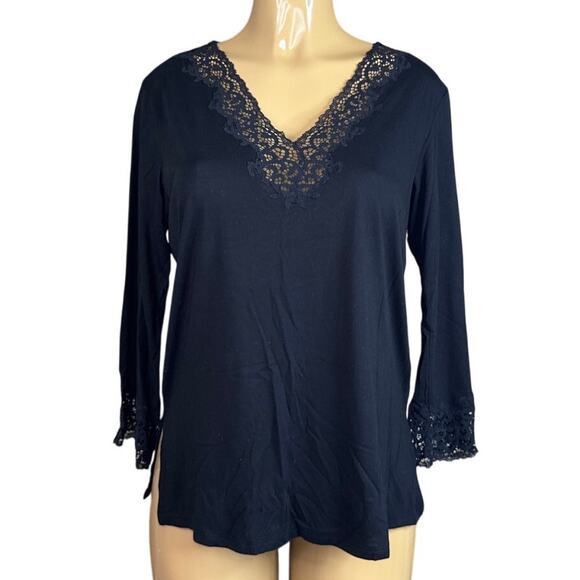 Natori Solid Black Cropped Sleeve Lace Trim Top Loungewear Size Large - Picture 1 of 8